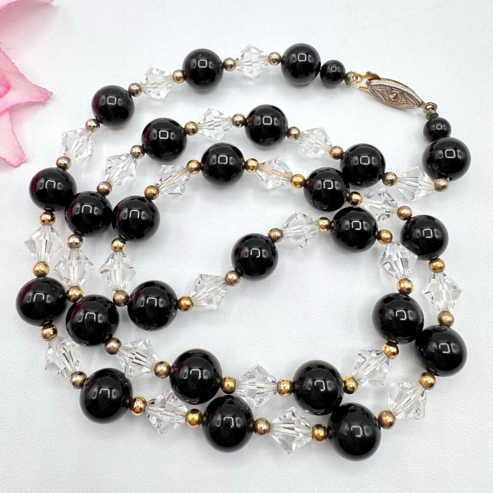 Vintage Black Glass Bead Clear Cut Crystal Bicone Bead Necklace Classic Elegant